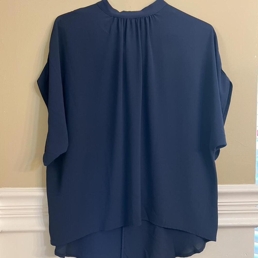SHEIN Privé solid navy batwing sleeve high mock neck high/low blouse